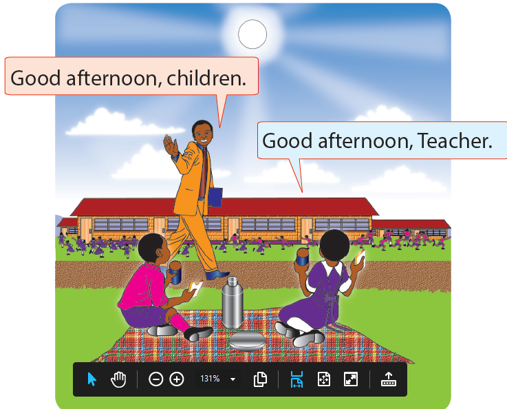 Two children are having a picic in the playground outside the school. A teacher walks by and wishes them good morning.