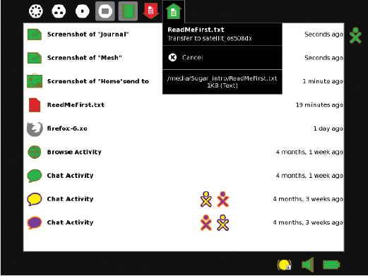 Here in the Home view, the Red Arrow icon drop-down palette shows that a file was received into the Journal.