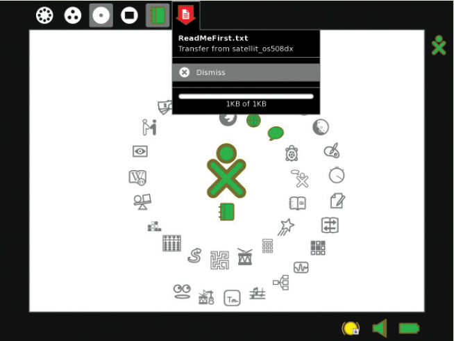 Here in the Home view, the Red Arrow icon drop-down palette shows that a file was received into the Journal.