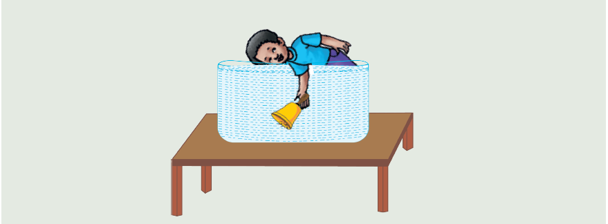 Take a bucket and fill it with water. 2. Take a small bell in one hand.